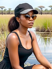 A 32 year old African girl wearing a black sundress in the Okavango Delta
